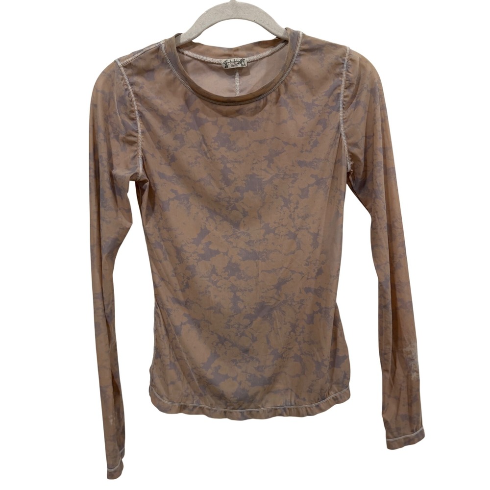 Intimately Free People Mesh Long Sleeve Top Tan Purple Floral XS OB1125218